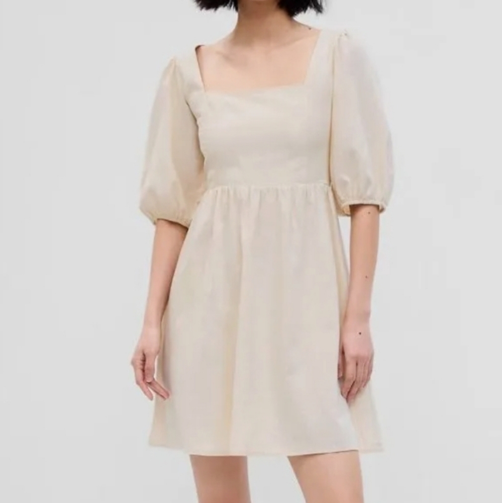 Gap women’s linen beige tan neutral puff sleeve square neck dress smocked back